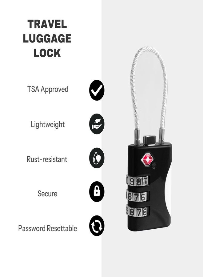 UP Security TSA Approved Luggage Locks - Small Combo Travel Padlock with Cable, TSA 007 Suitcase & Backpack Security, Durable & Easy to Use (Black+Black) - Image 3
